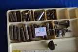 Tray With Assorted Items, 1920's, 1930's Valve Stem Covers, Tire Repair Pie
