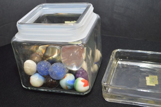 Square Glass Jar of Marbles w/ Shooters