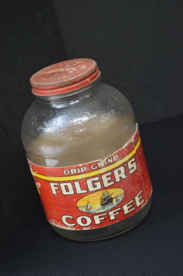 Folgers Coffee Glass Jar w/ Lid and Paper Label