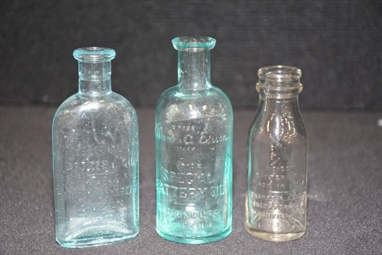 3 - Small Glass Bottles Marked  - Edison Battery Oil
