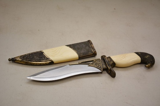 8 3/4" Blade with Eagle on Blade, Plastic Handle & Sheath China, Heavy Bras
