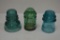 Group of 3 Insulators: Green W.E. Mfg., 2 - Blue Hemingrays