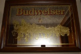 Framed Budweiser King of Beers Mirror with Picture of Clydesdales and Wagon