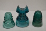 Group of 3 Insulators: Blue Bow Tie, No. 68 Cable, Light Blue & Green