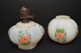 Satin Bisque w/ Hand Painted Flowers in Base and Shade w/ Chimney Missing,