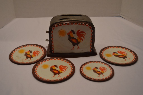 Childs Tin Toaster & 4 Plates w/ Rooster