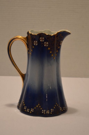 K & G France, Blue Porcelain Pitcher w/ Gold Applique & Tiny Flowers