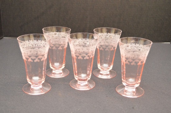 Set of 5 Pink Depresion Acid Etched Glasses