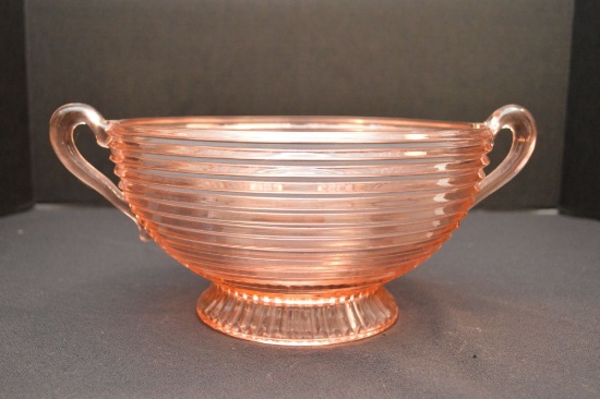 Pink Depression Double Handle Ribbed & Footed Bowl