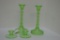 Group Green Pressed Glass Candle Holder Tall and Short