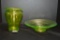 2pc Clear Green and Yellow Vaseline Vase and Round Center Console Bowl/Dish