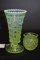 Pair Opalescent Vaseline Pressed Glass Vase and Green Toothpick