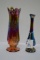 Pair Vases: 1 - Amberina and Purple Starburst Pattern, 1 - Iridescent Blue