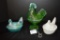 1 Green Opalescent Standing Rooster, 1 White Hen on Nest, 1 Blue Luster Fen