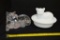 Milk Glass Cat in Basket - Westmoreland? Clear Crystal Cat Figurines