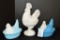 1 Standing White Rooster: 2 Blue w/ White Heads Hens on Nest