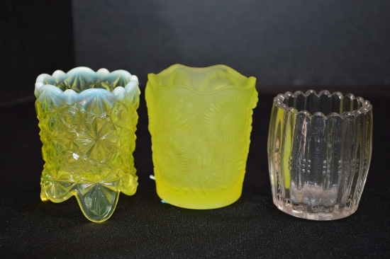 Group of Toothpick Holders: Yellow Opalescent Vaseline, Yellow w/ Daisy and