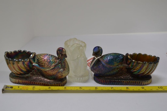 3 Swan Toothpick Holders - Amethyst and Clear Luster Fenton