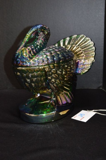 Large Green Iridescent Lidded Turkey - Fenton ?