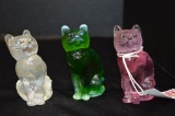 3 Cat Figurines: Pink, Iridescent, Green Opalescent