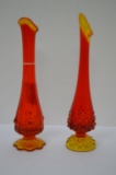 2 Small Amberina Vases: 1 Hobnail, 1 Flower Pattern