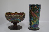 1 Carnival Footed Starburst Compote and Peacock, 1 Flower Carnival Vase 8