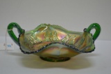 Green Iridescent Butterfly Pattern Double Handled Carnival Nappy Dish