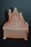 Frosted Pink Covered Dish w/ Figurines on Top - Small Chigger on Corner