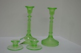 Group Green Pressed Glass Candle Holder Tall and Short