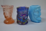 3 Indian Toothpick Holders: 1 Blue Slag by Summit Art, 1  Pink Opalescent a