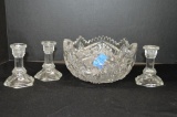 Clear Pressed Glass Bowl in Starburst and 3 Clear Candle Holders