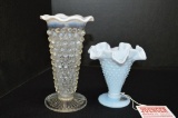 Pair Small Hobnail Vases Blue Fenton, 1 Clear Opalescent
