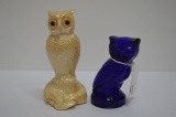 Pair Owl Paperweights Blue and Iridescent Champaign w/ Glass Eyes