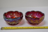 Pair Red Iridescent Candle Stick Holder Flower Pattern