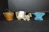 3 Toothpick Holders: Blue Anvil, Amber Bucket, Clear Pony w/ Cart