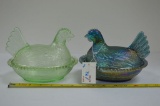Pair Hens on Nest - Clear Green and Purple Carnival