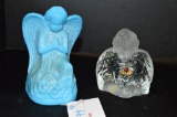 Pair Angels: 1 Blue Slag, 1 Clear Fenton w/ Purple Crystal