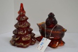 Fenton Glitter Red Christmas Tree and Amberina Santa and Sleigh by Westmore