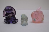 3 Rabbit Figurines: 2 Hand painted and Signed by Fenton, 1 Blue Slag