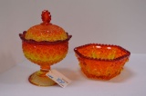 Pair Amberina Button and Daisy Dishes - 1 w/ Lid