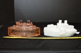 2 Glass Ship Dishes - White and Pink w/ 