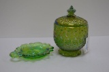 Green Carnival Glass Button and Daisy - Smith Covered Dish, Flower Spoon Re