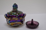 Fenton Purple Carnival Cabbage w/ Butterfly Covered Dish and Purple Ring Di