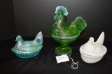 1 Green Opalescent Standing Rooster, 1 White Hen on Nest, 1 Blue Luster Fen