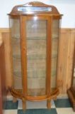 Curved Front Oak Curio Cabinet, Footed, 4 Glass Shelves, Mirrored Top, Wheat Pattern Decoration