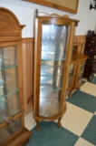 Oak Corner Curio Cabinet 3 Glass Shelves  w/ Mirrored Back, Footed and Lighted - Have Key