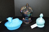 Group of Standing Carnival Turkey Dishes by Smith: 1 Blue Duck Dish, 1 Blue