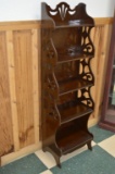 Open Front Stair Step Cherry Wood Type Display Shelf w/ 5 Shelves, Cut Outs on Side