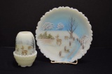 Fenton Custard Plate and Fairy Lamp - Hand painted and Signed, Deer Scene