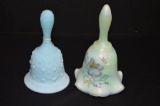 Pair Bells: 1 Hand painted and Signed Fenton Iridescent Green, 1 Satin Cust